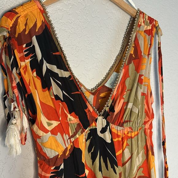 True Destinations Resort Mini Dress Vacation Hawaiian Empire Gold Studs Tropical - Picture 3 of 8